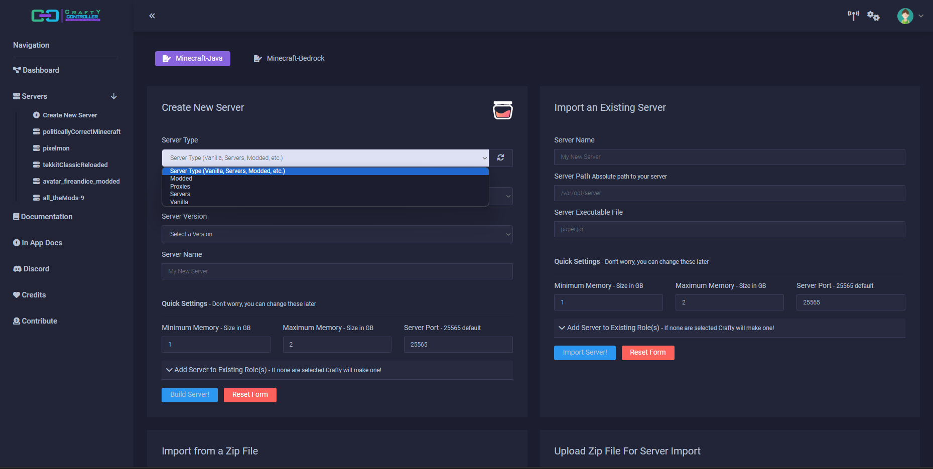 The TRIAD server dashboard, showing controls for creating and importing Minecraft servers